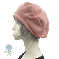 Slouchy Beret, Satin Lined Winter Hat, Floral Green or Dusky Pink Fleece Hat, Beret Hats For Women, Handmade in the USA