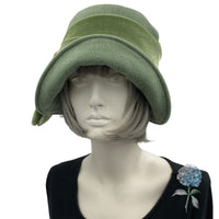 1920s Women Hat, Womens Cloche Hat, Handmade in Green Wool with Sage Green Velvet Tie and Vintage Rhinestone Embellishment, Satin Lined Hat