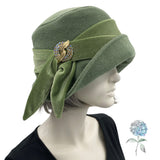 1920s Women Hat, Womens Cloche Hat, Handmade in Green Wool with Sage Green Velvet Tie and Vintage Rhinestone Embellishment, Satin Lined Hat