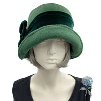 1920s Cloche Hat, Winter Hats Women, Fleece Hat with Velvet Band and Bow, Satin Lined, Dark Green Hat or Choose Your Color Handmade in USA