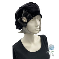 Velvet Beret, Black Velvet Hat, Finished with a Satin Bow and Rhinestone Embellishment, Satin Lined Chemo Headwear, Handmade in USA