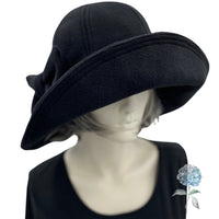 Wide Brim Hat Women, Black Fleece Cloche Hat or Choose Your Color, Satin Lined Winter Hat, with Bow Accessory, Handmade in the USA