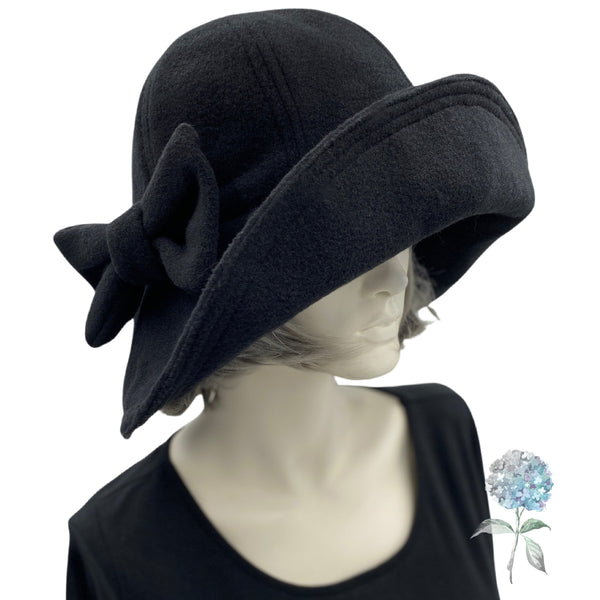 Wide Brim Hat Women, Black Fleece Cloche Hat or Choose Your Color, Satin Lined Winter Hat, with Bow Accessory, Handmade in the USA