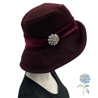 Wide Brim Hat Women, Burgundy Wool Cloche Hat, Velvet and Rhinestone Embellishment, Vintage Style, Ready to Ship Medium, Handmade in the USA