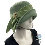 1920s Women Hat, Womens Cloche Hat, Handmade in Green Wool with Sage Green Velvet Tie and Vintage Rhinestone Embellishment, Satin Lined Hat