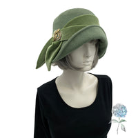 1920s Women Hat, Womens Cloche Hat, Handmade in Green Wool with Sage Green Velvet Tie and Vintage Rhinestone Embellishment, Satin Lined Hat