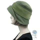 1920s Women Hat, Womens Cloche Hat, Handmade in Green Wool with Sage Green Velvet Tie and Vintage Rhinestone Embellishment, Satin Lined Hat