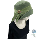 1920s Women Hat, Womens Cloche Hat, Handmade in Green Wool with Sage Green Velvet Tie and Vintage Rhinestone Embellishment, Satin Lined Hat