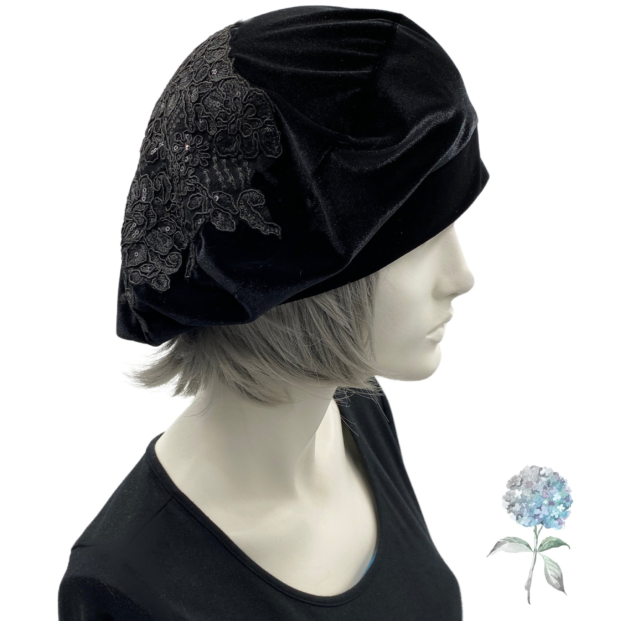 Black Velvet Beret Hat with Lace and Bead Appliqué – Boston Millinery