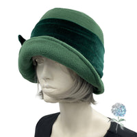 1920s Cloche Hat, Winter Hats Women, Fleece Hat with Velvet Band and Bow, Satin Lined, Dark Green Hat or Choose Your Color Handmade in USA