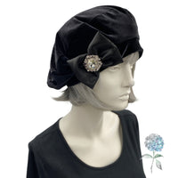 Velvet Beret, Black Velvet Hat, Finished with a Satin Bow and Rhinestone Embellishment, Satin Lined Chemo Headwear, Handmade in USA
