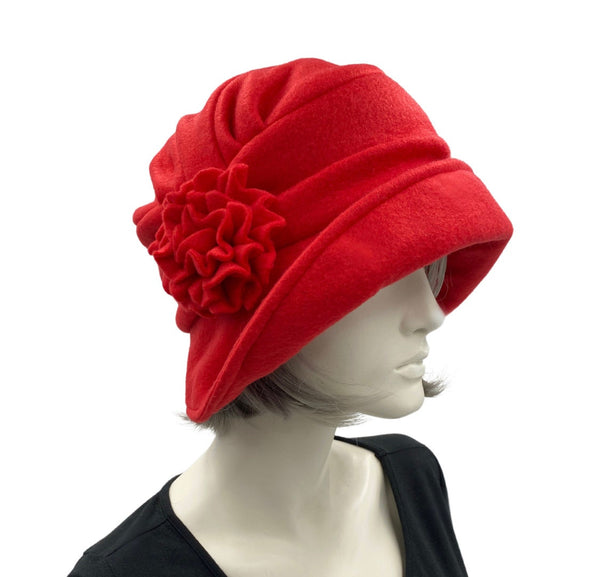 Cloche Hat Women, Red Fleece Satin Lined Winter Hat, Handmade in the USA