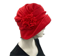 Cloche Hat Women, Red Fleece Satin Lined Winter Hat, Handmade in the USA