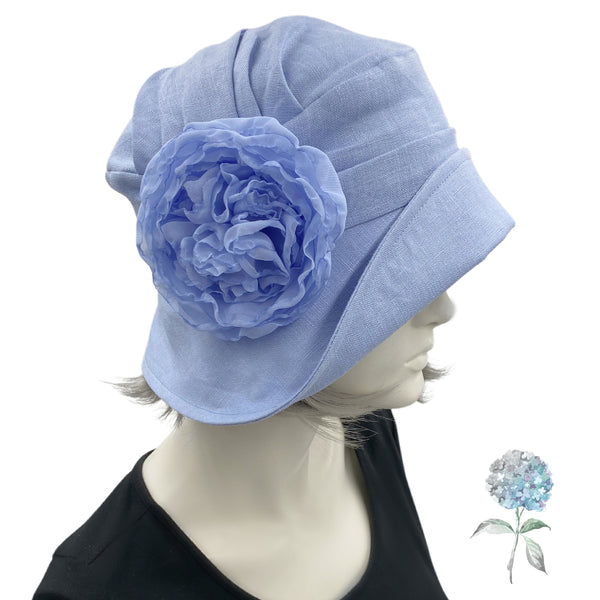 Summer Cloche Hat in Pale Blue Linen with Chiffon Peony Flower The Alice