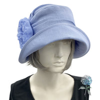 Summer Cloche Hat, Vintage Style Wedding Hat, Handmade in Pale Blue Linen with Chiffon Peony Flower Brooch, Gatsby Wedding and Tea Party Hat