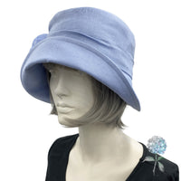Summer Cloche Hat, Vintage Style Wedding Hat, Handmade in Pale Blue Linen with Chiffon Peony Flower Brooch, Gatsby Wedding and Tea Party Hat