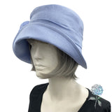 Summer Cloche Hat, Vintage Style Wedding Hat, Handmade in Pale Blue Linen with Chiffon Peony Flower Brooch, Gatsby Wedding and Tea Party Hat