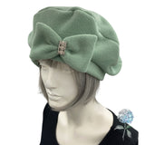 Cute Beret, Sage Green Fleece with Removable Bow, Satin Lined Hat, Beret Hats For Women, Handmade in the USA