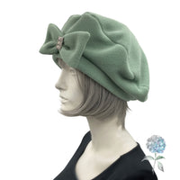 Cute Beret, Sage Green Fleece with Removable Bow, Satin Lined Hat, Beret Hats For Women, Handmade in the USA