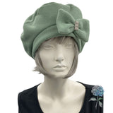 Cute Beret, Sage Green Fleece with Removable Bow, Satin Lined Hat, Beret Hats For Women, Handmade in the USA