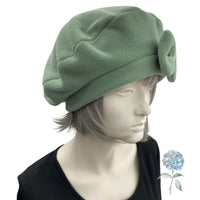Cute Beret, Sage Green Fleece with Removable Bow, Satin Lined Hat, Beret Hats For Women, Handmade in the USA