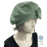 Cute Beret, Sage Green Fleece with Removable Bow, Satin Lined Hat, Beret Hats For Women, Handmade in the USA