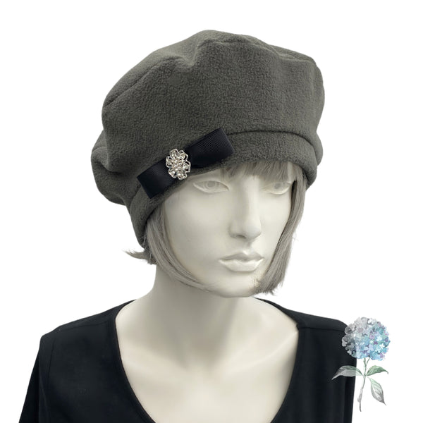 Gray Fleece Beret, Last Minute Gift, Ready to Ship, Satin Lined Hat, Bow and Rhinestone Button, Beret Hats For Women, Handmade in the USA