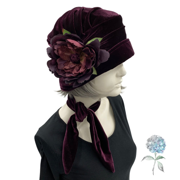 Velvet Cloche Hat, 1920s Style Soft Elegant, Chemo Headwear, Eggplant Purple with Peony Flower Brooch and Velvet Necktie Scarf, Handmade USA