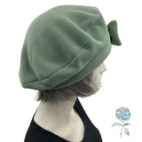 Cute Beret, Sage Green Fleece with Removable Bow, Satin Lined Hat, Beret Hats For Women, Handmade in the USA