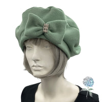 Cute Beret, Sage Green Fleece with Removable Bow, Satin Lined Hat, Beret Hats For Women, Handmade in the USA