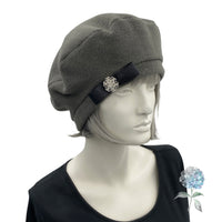 Gray Fleece Beret, Last Minute Gift, Ready to Ship, Satin Lined Hat, Bow and Rhinestone Button, Beret Hats For Women, Handmade in the USA