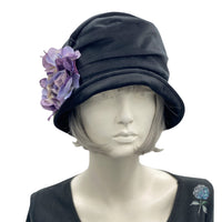 1920s Cloche Hat, Black Velvet Hat with Removable Purple Hydrangea Brooch, Handmade in the USA, Chemo Headwear