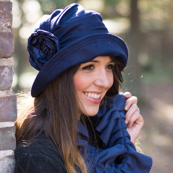 Navy blue woolen cloche hat unique designer hats from Boston Millinery