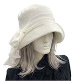 Eleanor cloche hat in antique white linen with chiffon scarf and bow Boston Millinery
