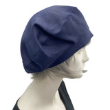 Linen beret in navy blue for women Side view