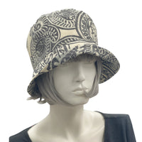 Rain Hat, Outdoor Hat, Cloche Hat Women in Gray and Cream Paisley Print 