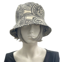 Rain Hat, Outdoor Hat, Cloche Hat Women in Gray and Cream Paisley Print 