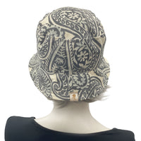 Rain Hat, Outdoor Hat, Cloche Hat Women in Gray and Cream Paisley Print . rear view of hat