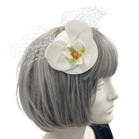 White Orchid and net bow fascinator hair comb handmade Boston Millinery