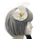 White Orchid and net bow fascinator hair comb handmade Boston Millinery